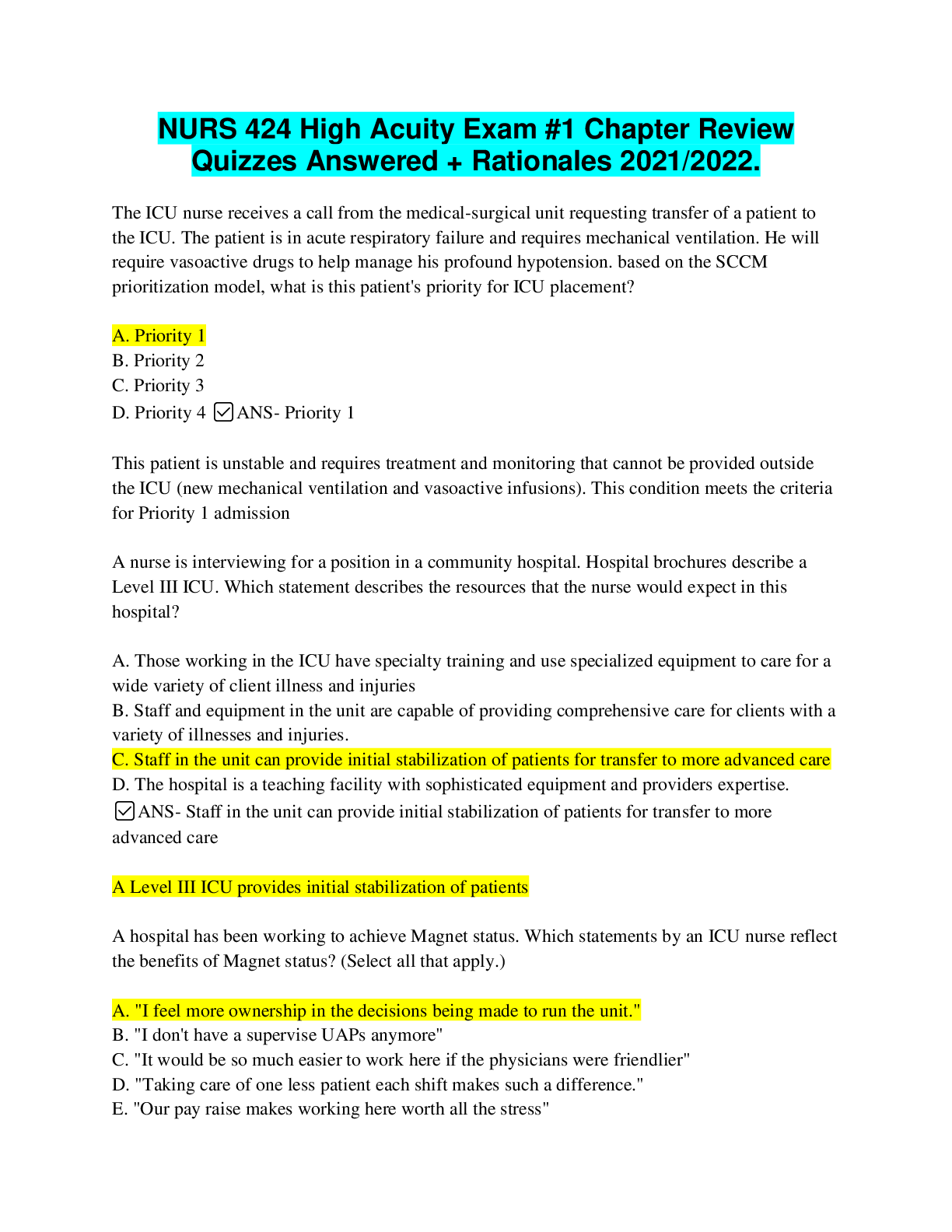 Preview image for High Acuity Nursing - NURS 424 Exam 1 |NURS424 High Acuity Exam #1 Chapter Review Quizzes, answered with rationale.